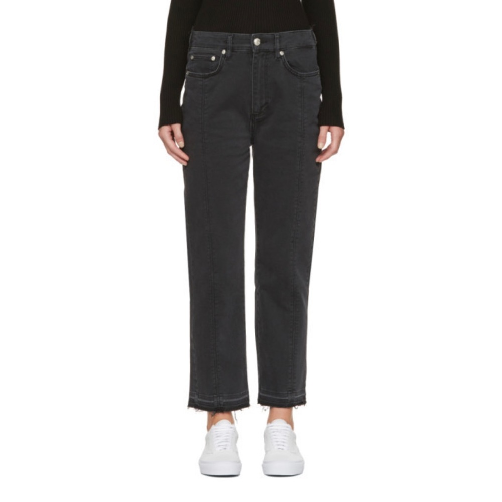 Won Hundred Deedee denim paneled dark wash frayed hem straight leg jeans